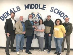 Members of Center Hill Masonic Lodge #77 presented a $200 check to DeKalb Middle School Friday in support of its student garden program. Pictured left to right: Lodge Senior Warden Dustin Estes, Junior Warden Danny Pirtle, Lodge Master Don Adamson, Suzette Barnes, DMS Positive Behavior Support Teacher, DMS Principal Caleb Shehane, Assistant Principal Teresa Jones, and Lodge member Mike Conley.