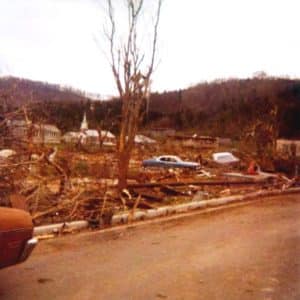 View shows the Dowelltown Elementary School and Dowelltown Church after the storm 50 years ago