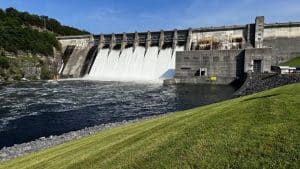 Center Hill Dam’s spillways release water May 15, 2024, into the Caney Fork River in Lancaster, Tennessee. (USACE Photo)