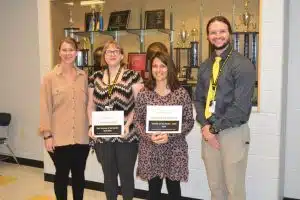 DeKalb West School Announces April Teacher and Employee of the Month: Pictured left to right are Principal Sabrina Farler, Lindsey Knight, Cathleen Humphrey, and Assistant Principal Seth Willoughby.