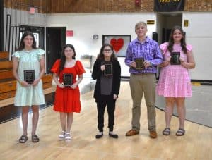 Highest GPA students are left to right: Autumn Crook, Katie Beth Swearinger, Jaiden Tramel, Drew Cook, and Millie Barton