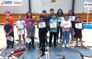 DWS Perfect Attendance Winners on front row left to right: Jude Sebolt, Marley Pyburn, Oliver Moore, Chael Willingham, Karson Mullinax, Karlee Pierce and Bobby Smith. Back row left to right: Adam Brown, Mary Moore, Maddux Pyburn, Kayden Mullinax, Autumn Crook, and Kylie Pierce.