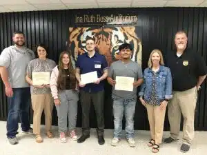 DeKalb County High School continued its monthly observance Tuesday of recognizing a teacher, student, and parent of the month for March: Pictured here left to right are Assistant DCHS Principal Thomas Cagle, Staff member of the Month Jamie Cripps, Essay winner Alexis Stanley and her father Ross Stanley (Parent of the Month), Student of the Month Samuel Gaspar, Assistant DCHS Principal Jenny Norris and DCHS Principal Bruce Curtis