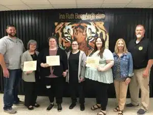 DeKalb County High School last Tuesday presented its final monthly awards of the 2023-24 year for teacher, student, and parent of the month. These honors were for the month of April. Pictured left to right: Assistant DCHS Principal Thomas Cagle, Staff member of the Month Donna Emmons, Parent of the Month Sara Fultz (awarded based on winning essay submitted by Fultz’s daughter Alyson Fultz pictured next to Sara), Student of the Month Emily Lattimore, Assistant DCHS Principal Jenny Norris, and Principal Bruce Curtis.