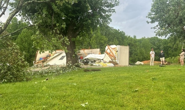 Tornado damage to garage of Willie Moser on Allen’s Ferry Road