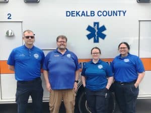 May 19-25 is Emergency Medical Services Week. Pictured here are members of the DeKalb EMS C-SHIFT: (left to right) John Pitts (EMT-PCC), Trent Phipps-EMT-P/ASSISTANT DIRECTOR, Jessica Wilson (AEMT), Rachel Checchi (AEMT)