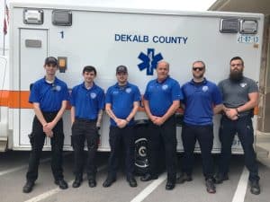May 19-25 is Emergency Medical Services Week. Pictured here are members of the DeKalb EMS D-SHIFT: (left to right) William Frisby (Day Truck-AEMT), Dylan Goodman (Day Truck-EMT-B), Trevin Merriman (EMT-P), Richard Kellogg (AEMT), Matthew Melton (EMT-PCC/SUPERVISOR), Zechariah Clark (EMT-B)