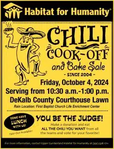 Who makes the best chili in DeKalb County? Find out on Friday, October 4th when Habitat for Humanity hosts the 20th Annual Chili Cook-off and Bake Sale