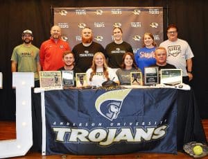DeKalb County High School is sending another outstanding athlete to the college ranks. Kora Kilgore, 17 year old daughter of John and Ginda Kilgore, and star pitcher on the Tigerette fast pitch softball team signed with Anderson University to play for the Trojans after she graduates next May. The school is located in Anderson South Carolina. Pictured seated left to right: Kolter (brother), Kora, Ginda (mom), and John Kilgore (dad). Standing left to right: past and present coaches: Tyler Cantrell, Danny Fish, Ethan Duke, Danielle Horton, Sarah McGregor, and Scott Large