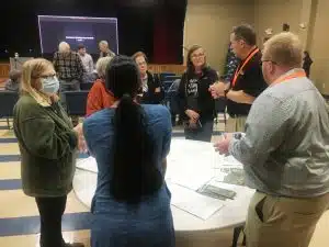 Prior to the hearing on the Jones Brothers quarry water discharge permit application Tuesday night, the state had information tables set up around the auditorium where staff showed plans and took questions from the public about the project.