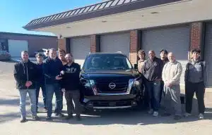 Nissan Donates Pathfinder to DCHS Automotive Education Program. Pictured left to right (left side of Pathfinder) Butch Jacoway of Nissan, DCHS student, DCHS Maintenance and Light Repair Class Instructor Michael Whitefield receiving keys from Scot Crook of Nissan, and DCHS student. Right side of Pathfinder (left to right) DCHS student, Antonio Fitts of Nissan, DCHS student, DCHS CTE Director Brad Leach, and DCHS student