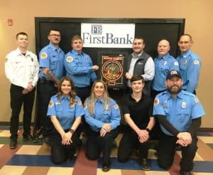The Liberty Fire Station can claim bragging rights after being awarded the DeKalb County Fire Department’s FirstBank “Station of the Year” during Saturday night’s annual awards banquet. The headlining sponsor of the banquet was Wilson Bank & Trust. The Liberty Station Commander Kyle Hovey accepted the “Station of the Year” award from Lieutenant Matt Adcock and Scott Goodwin of FirstBank. Pictured left to right kneeling: Alyssa Harvey, Christina Hovey, Riley Fuson, Eric Snow Standing left to right: Lieutenant Matt Adcock, William Mark Drennen, Hasten Waggoner, Scott Goodwin (FirstBank), Alvin Gunkel, Station Commander Kyle Hovey