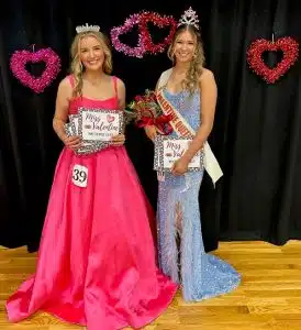 McKenna Miller of Dowelltown (right) was crowned queen of Saturday’s Valentine Pageant in the 16 to 18 year old age category. She was also the recipient of the People’s Choice honor. The 1st runner-up was Kenadee Rose Prichard of Alexandria (left) She was also judged to have the prettiest eyes, hair, attire, and smile.
