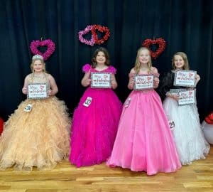 Valentine Pageant Optional Winners (10-12-year-olds) left to right: Stella Grace Adcock of Smithville (People’s Choice), Katy Jo Bowen of Liberty (Most Photogenic), Maggie Hendrix of Dowelltown (Prettiest Smile), and MaKenna Grace Billings of Sparta (Prettiest Eyes, Hair, and Attire)