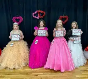 Valentine Pageant Optional Winners (10-12-year-olds) left to right: Stella Grace Adcock of Smithville (People’s Choice), Katy Jo Bowen of Liberty (Most Photogenic), Maggie Hendrix of Dowelltown (Prettiest Smile), and MaKenna Grace Billings of Sparta (Prettiest Eyes, Hair, and Attire)
