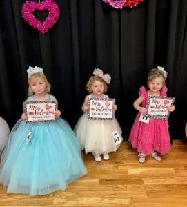 Valentine Pageant Optional Winners (age 25- 48-months) left to right: Sydney Ann Barrett of Smithville (People’s Choice), Elsie Pearl Paschal of Alexandria (Prettiest Smile), and Olivia Grace Jones of Smithville (Prettiest Eyes, Hair, Attire, and Most Photogenic)