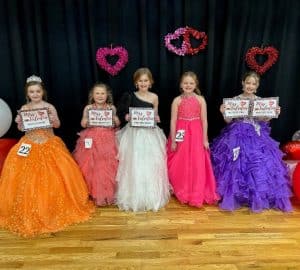 Valentine Pageant Optional Winners (ages 7-9) left to right: Kathryn Ann Williams of Alexandria (People’s Choice), Ava Leigh Elizabeth Haddock of Liberty (Most Photogenic), Novalee Carol Billings of Sparta (Prettiest Attire), Oaklynn Fayth Hale of Smithville (Prettiest Hair), and Wrigley Marie Jared of Smithville (Prettiest Eyes and (Smile)