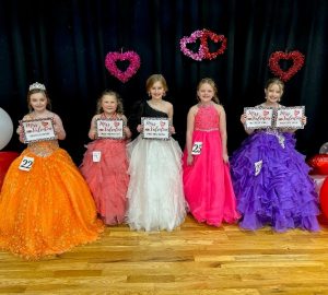 Valentine Pageant Optional Winners (ages 7-9) left to right: Kathryn Ann Williams of Alexandria (People’s Choice), Ava Leigh Elizabeth Haddock of Liberty (Most Photogenic), Novalee Carol Billings of Sparta (Prettiest Attire), Oaklynn Fayth Hale of Smithville (Prettiest Hair), and Wrigley Marie Jared of Smithville (Prettiest Eyes and (Smile)