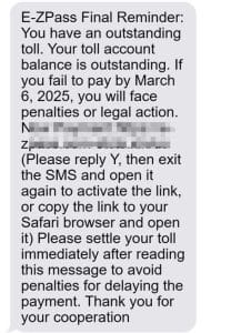 Public warned about E-ZPass Final Reminder “Outstanding Toll” Text Scam