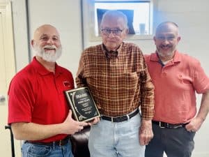 Retiring 911 Board Member Jerry Scott (center) Recognized for 24 Years of Service. Pictured with 911 Director Brad Mullinax (left) and Board member Josh Tramel (right)