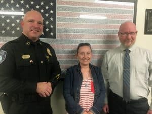 Alexandria Mayor Beth Tripp pictured with Interim Police Chief Vincent Turocy (left) and Nathaniel (Nate) Lombard (right). Turocy is seeking to be hired by the Alexandria Aldermen as the new Police Chief and Lombard is asking to be hired as a full time Alexandria Police Officer.