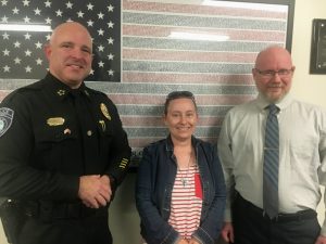 Alexandria Mayor Beth Tripp pictured with Interim Police Chief Vincent Turocy (left) and Nathaniel (Nate) Lombard (right). Turocy is seeking to be hired by the Alexandria Aldermen as the new Police Chief and Lombard is asking to be hired as a full time Alexandria Police Officer.