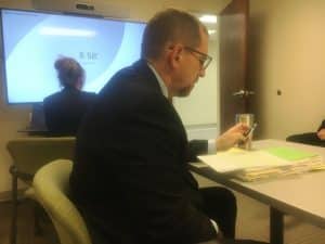 District Attorney General Bryant Dunaway preparing to speak out against parole for Chris Tatrow during Tuesday’s parole hearing via a video conference from Cookeville.