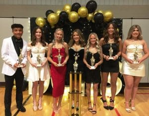 2024-25 DCHS Basketball Cheerleader Award Winners: left to right-Landen Tubbs, Madeline Martin, Eden Garner, Annabella Dakas, Sara Moore, Brylee Kirby, and Julianna Haynes