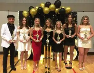 2024-25 DCHS Basketball Cheerleader Award Winners: left to right-Landen Tubbs, Madeline Martin, Eden Garner, Annabella Dakas, Sara Moore, Brylee Kirby, and Julianna Haynes