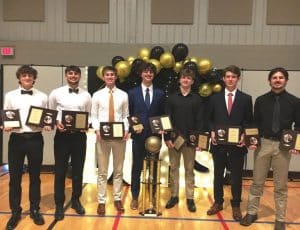 2024-25 DCHS Boys Basketball Team Banquet Award Winners: left to right-Elliot Barnes, Jon Hendrix, Seth Fuson, Dallas Kirby, Jordan Parker, Logan Duke, and Porter Hancock