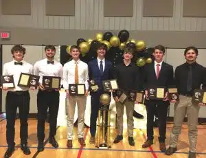 2024-25 DCHS Boys Basketball Team Banquet Award Winners: left to right-Elliot Barnes, Jon Hendrix, Seth Fuson, Dallas Kirby, Jordan Parker, Logan Duke, and Porter Hancock