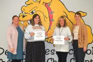DWS March Teachers of the Month. Pictured left to right are Assistant Principal Cindy Snow, music teacher Hannah Bratton, 5th grade teacher Jeanna Caplinger, and Principal Sabrina Farler.