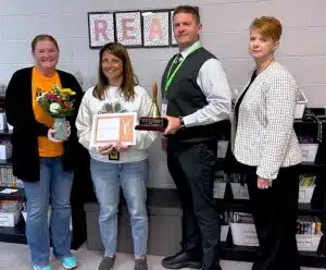 Fourth grade math and science teacher Cathleen Humphrey, the 2025 School Level Teacher of the Year at DeKalb West School. Pictured left to right: DWS Assistant Principal Cindy Snow, DWS Teacher of the Year Cathleen Humphrey, Director of Schools Patrick Cripps, and Supervisor of Instruction Michelle Burklow.