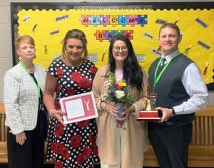 First grade teacher Allyson Trapp, the 2025 School Level Teacher of the Year at Smithville Elementary School. Pictured left to right: Supervisor of Instruction Michelle Burklow, SES Principal Anita Puckett, SES Teacher of the Year Allyson Trapp, and Director of Schools Patrick Cripps