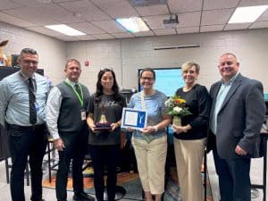 Kristen Lynch, special education teacher, the 2025 School Level Teacher of the Year at DeKalb Middle School. Pictured left to right: DMS Assistant Principal Josh Agee, Director of Schools Patrick Cripps, DMS Teacher of the Year Kristen Lynch, DMS Principal Teresa Jones, Special Education Supervisor Natasha Vaughn, Supervisor of Instruction Randy Jennings