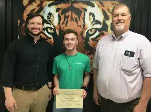 12th grader Sam Harris has been awarded “Student of the Month” for April at DeKalb County High School. Pictured here with Assistant DCHS Principal Seth Willoughby (left) and DCHS Principal Bruce Curtis (right)