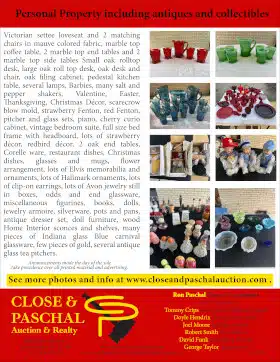 Close & Paschal personal property for may 31 auction