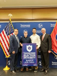 In photo left to right: Mark Goins, Tennessee Coordinator of Elections; Marty Jacoby, DeKalb County Election Commissioner; Dustin Estes, DeKalb County Administrator of Elections; Tre Hargett, Tennessee Secretary of State