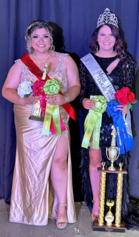 29-year-old Amber Renee Bain (right) was crowned the 2025 Miss Fair Queen of the DeKalb County Fair for contestants ages 21-54 on Monday night. Bain was also Most Photogenic. First runner-up was 22 year old Isabel Morales- Cantu (left). She was selected Miss Congeniality